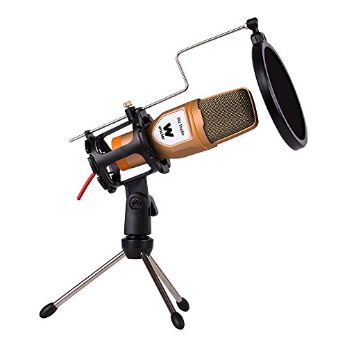 WOXTER Mic Studio Golden - Micrófono Condensador Profesional para Ordenador. Entrada: 3.5mm, trípode Ajustable en inclinación V/H, Dorado