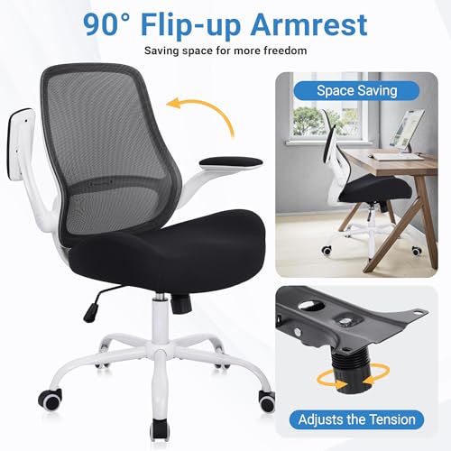 Image of HYLONE Office Chair Ergonomic Chair with Flip up Armrests, 5 inch Thickened Seat Computer Chair with Breathable Mesh Back Home Office Computer Chairs for Long Hours Mesh Office Chair(White Base&Black)
