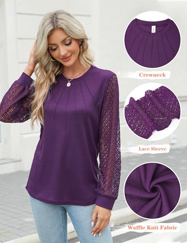 Blooming Jelly Women's Waffle Knit Tops Dressy Business Casual Blouses Lace Long Sleeve Work Shirts Fall Clothes2