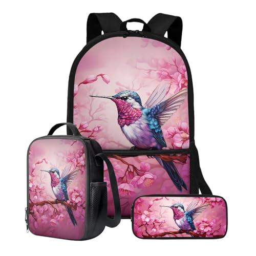 Talayituse Hummingbird Cherry Blossom Print Bookbag with Lunch Box Pencil Case Set for Teen Girls Boys School Backpack Lightweight Preschool Elementary Schoolbags Rucksack Daypack, Pack of 3 -  TALA-CZA47+G+K-12914