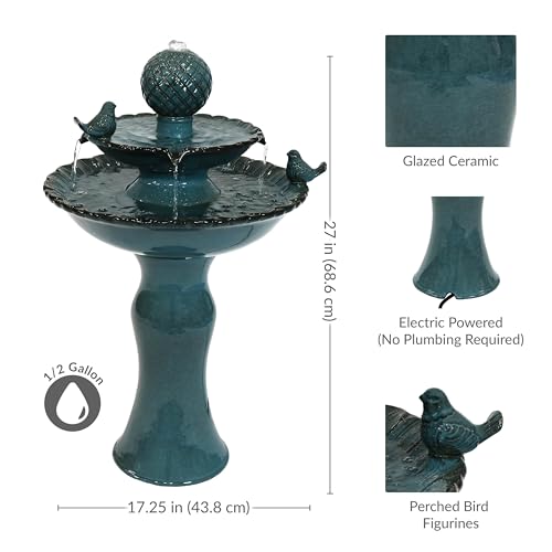 Sunnydaze 27" H 2-Tier Ceramic Water Fountain - Outdoor Water Feature for Patio, Yard, Balcony - Garden Fountain - Blue