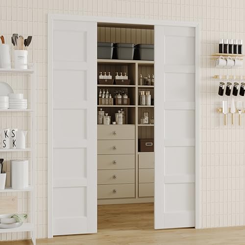 Image of Sliding Pocket Door, 48 inch(2 x 24) x 80 inch, 5-Panel Core with Frame and Hardware Kit Set, Interior Doors for Pocket Door, White Primed - No Panel Assembly Required