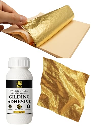 Image of UGLS Gold Leaf Pack of 50 Sheets (16 cm x 16 cm) & Adhesive 150 ml - Gilding Glue - Golden Foil for Gilding, Epoxy Resin Art, Maysur Paintings, Arts & Crafts, DIY Gilding, Furniture Gilding