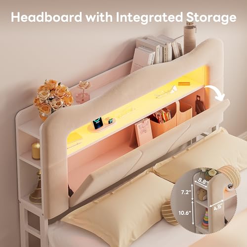 Image of LIKIMIO Full Upholstered LED Bed Frame with 2 Storage Drawers and Bookcase Storage Headboard, Velvet Princess Platform Bed with Charging Station, Heavy Duty Metal Support, No Box Spring Needed, Beige