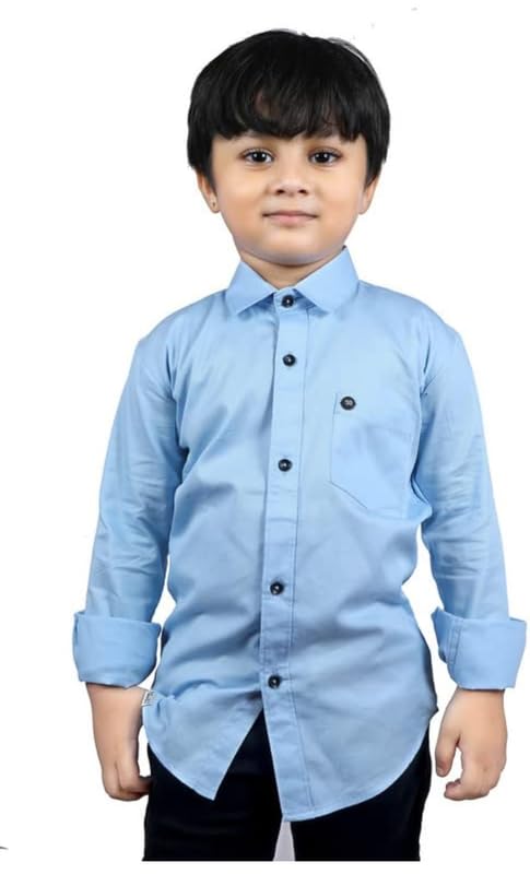 Image of Boy's Kids Regular Fit Solid Pattern Cotton Shirt with Pocket Collared Neck Long Sleeve Button Down Closure Type and Standard Length | Boys Cotton T-Shirts Set | Shirt for Boy