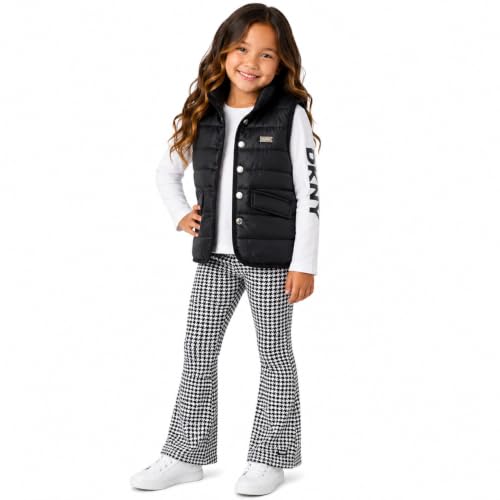 Image of DKNY Girls' Vest Set - 3 Piece Button Down Quilted Puffer Vest Long Sleeve Shirt and Flare Leggings Set (Sizes: 2T-6X)