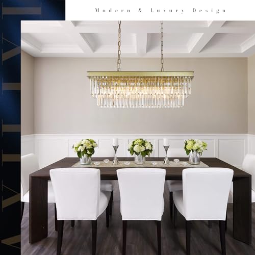 Image of Modern Rectangular Crystal Chandelier Gold Island Rectangle Pendant Light