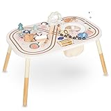 Composants de la table : cliquet et miroir, boucle de moteur de perles, engrenages mobiles, trieuse de forme, labyrinthe, file d'attente avec wagon, porte ouverte, moulinet, feuille de musique