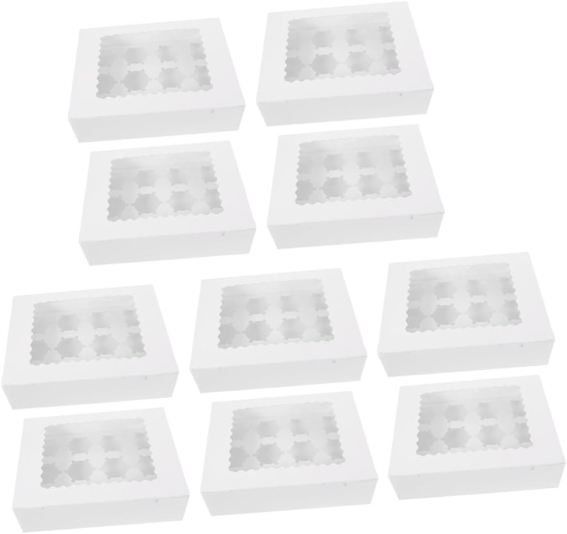 NUOBESTY 10pcs Paper Cupcake Boxes with Window, Muffin and Pastry Packing Boxes, White Cardboard Food-grade Paperboard, Suitable for Bakery and Party Dessert Storage