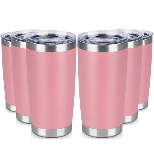 VQRRCKI 20 oz Tumbler Stainless Steel Tumblers Bulk with Lid Double Wall Insulated Coffee Tumbler Cups for Hot & Cold Drinks Powder Coated Travel Coffee Tumbler Mug Metal (Rose Pink, 6 pack)