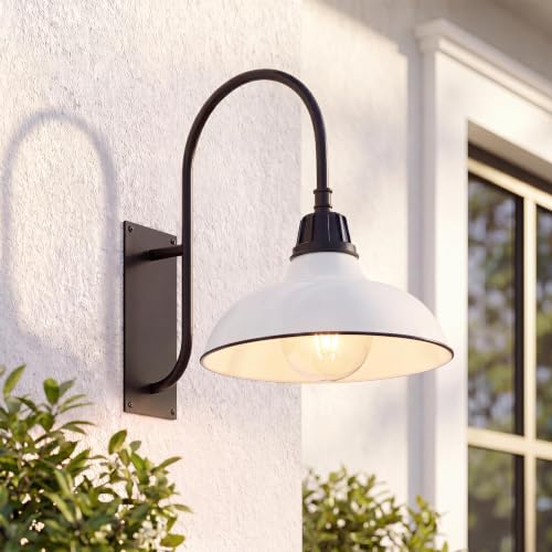 Image of JONATHAN Y 12.25 inch White /Black 1-Light Farmhouse Gooseneck Outdoor Wall Sconce Lamp, with Black Metal Bowl Shade, Industrial Iron LED Porch Light for Patio Garage Entryway JYL7614A
