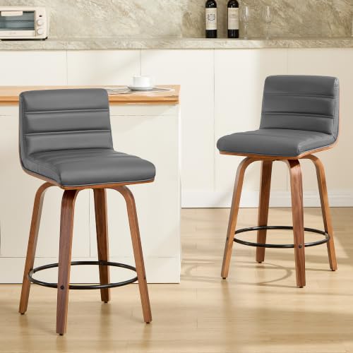 Image of Swivel Bar Stools Set of 2,26 inch Faux Leather Counter Height Barstools with Back,Mid Century Modern Upholstered Bar Chairs with Bentwood Legs Island Stools for Kitchen Counter Darkgrey