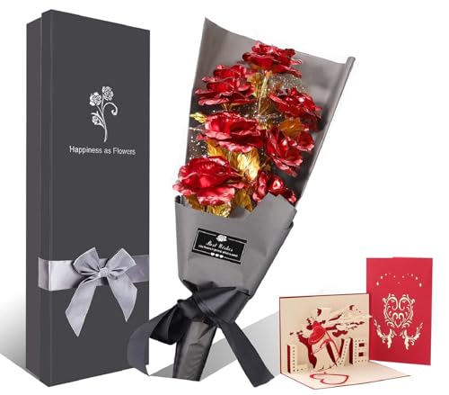 FonteeUS 9Pcs Gold Rose Flower Bouquet, Gold Foil Artificial Rose Bouquet with Gift Box, Romantic Present for Her on Valentines Day, Mothers Day, Anniversary, Birthday, Christmas, Decoration
