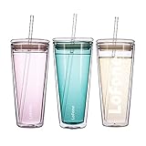 Thermobecher aus Glas,Travel Mug,Kaffeebecher to go,600 ml Doppelwandiger Isolierbecher mit Deckel und 2 Strohhalme (Blau)