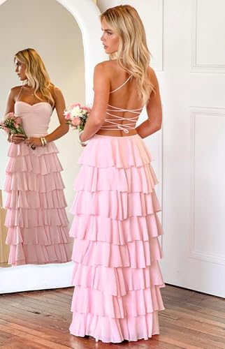 POMUYOO Chiffon Bridesmaid Dresses Long Spaghetti Straps Tiered A-Line Formal Evening Party Gowns with Slit2