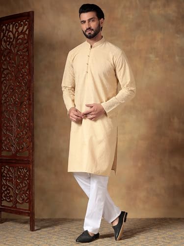 Image of Men's Solid Regular Fit Ethnic Wear White Kurta Pajama Set with Front Pocket