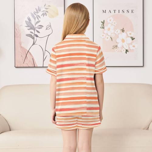 Cartoon Color Orange Strip Summer Satin Pajama Set, Cute Button-Down Sleepwear Pj Set for Sleep Wears4