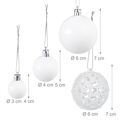 Relaxdays Christmas Bauble Set of 50, Glittery, Matt & Shiny Ornaments, Plastic Xmas Tree Balls, diameter : 3, 4 & 6 cm, White - Image 4