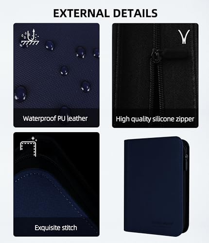 Image of Premium 4 Pocket Card Binder, Holds 160 Cards for MTG TCG Sports Game Cards(Blue,4 Pocket) | Side-loading card binder with zipper and no-ring design. Holds 160 cards in clear pockets.