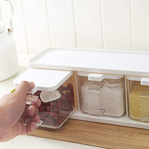 Caja de almacenamiento de especias, recipiente transparente para condimentos con tapa y asa de cuchara para una fácil organización, juego de 3 piezas