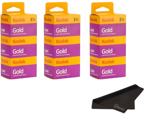 Kodak Gold 200 35mm Film Bundle, 9 Rolls (3x3 Pack), 36 Exposures Each, for 35mm Film Camera Includes Balveli Premium Microfiber Cloth-Kodak 9 Roll Pack