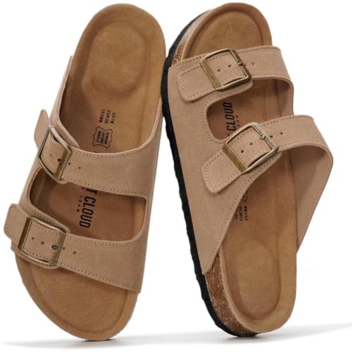 Project Cloud 100% Genuine Leather Flat Sandals For Women 2026 Cork Footbed Womens Sandals with Memory Foam and arch support Vacation Essentials Slides for Women Footwear (Venita, Chestnut, 8)