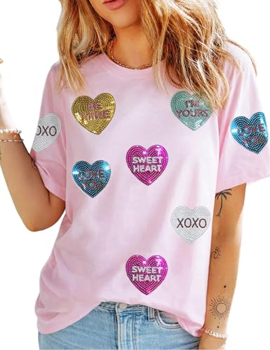 Valentine’s Day Shirt for Women Sequin Heart Cute Sparkly Short