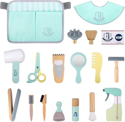 Image of Wudly Hair Dresser Playset for Kids, Wooden Makeup Toy & Hair Styling Toys for Girls, Kids Shaving Kit for Boys - Fun Barber Playset for Imaginative Role Play, Haircuts & Makeup Set