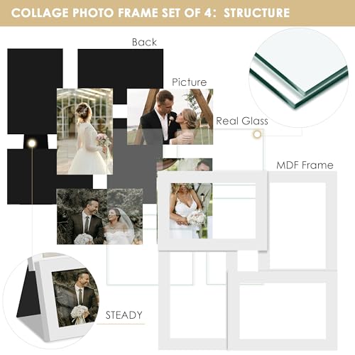 Image of DUENPY 4x6 Collage Frame Tempered Glass For 4 4x6 Photos White | Premium Tempered Glass Provides Clear Vision, Ideal Decor to Arrange Your Warm Family Photos At Home