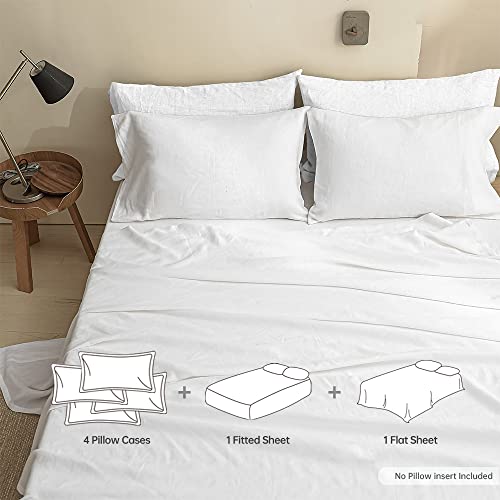 Simple&Opulence 100% Linen Sheet Set Solid Color- 6 Pcs Washed French Flax Bed Sheets (1 Flat Sheet, 1 Fitted Sheet, 4 Pillowcases) - Breathable Home Collection (Basic White, Queen) #TOP3