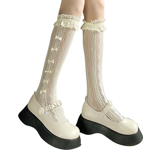 Triplewood Over the Calf Knee High Socks Y2K Socks with Bowknot Sheer Mesh Fishnet Stockings Sheer Tights