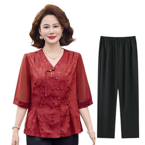 Blusa de estilo chino JYHBHMZG de dos piezas jacquard antiarrugas con cuello en V