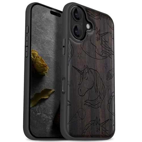 Coque iPhone 17 Magsafe en bois sombre Carveit gravé Licorne
