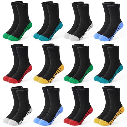 GENTABY 12 Pairs Boys Crew Socks Athletic Cotton Kids Socks Running Crew White Black Soft Sock for Toddler Boys 7-10 Years