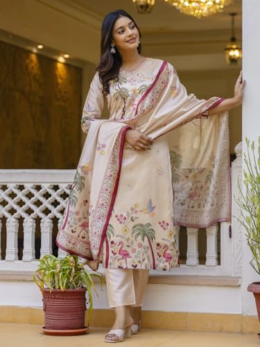 Image of VredeVogel Women's Viscose Silk Blend Straight Kurta Pant Set with Printed Dupatta for Festive & Casual Ethnic Kurta Sets