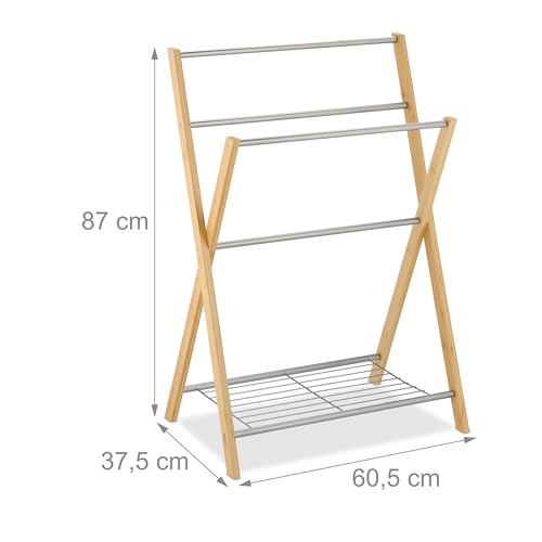Relaxdays Toallero de Pie, con 4 Barras, Colgador de Toallas de Manos o Ducha, Bambú y Hierro, Baño, Natural/Plateado - imagen 4
