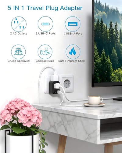 Image of Type E /F Europe Travel Plug Adapter, HANYCONY US to Germany France Spain South Korea Iceland, 5-in-1 European Power Adapter for Greece Norway Russia Portugal & More, 2 Outlets 3 USB Ports(2 USB C)