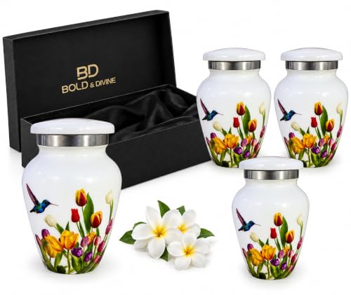 Bold & Divine Keepsake Urns for Human Ashes, Set of 4 Small Memorial Urns, 3 Cubic Inch Aluminum Mini Urns with Colorful Floral & Hummingbird Design, White Finish, Memorial Gift Box