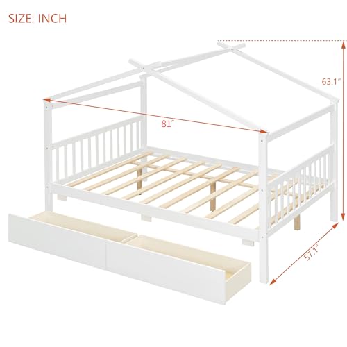 Image of Full Size House Platform Bed with Roof and 2 Drawers, Solid Wood House Daybed Frame with Headboard and Slat Support for Kids Teens Girls Boys Bedroom, Can Be Decorated (White-03, Full)