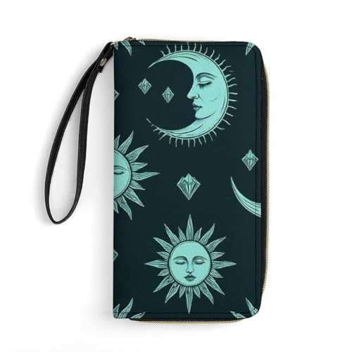 Travel Purse Fashion Design, Huge Storage Capacity Wallet With Rope, Cute Decor Purse, Long PU Zipper Wallet Trippy Sun Moon Star
