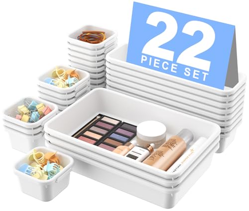 Image of 【Military Grade】A-LuGei Drawer Organizer,【𝟱𝗦𝗶𝘇𝗲】Makeup organizer,【Holds 177 Items】Bathroom Organizers and Storage,Organization and Storage,Desk Drawer Organizer for Vanity【Ivory White】