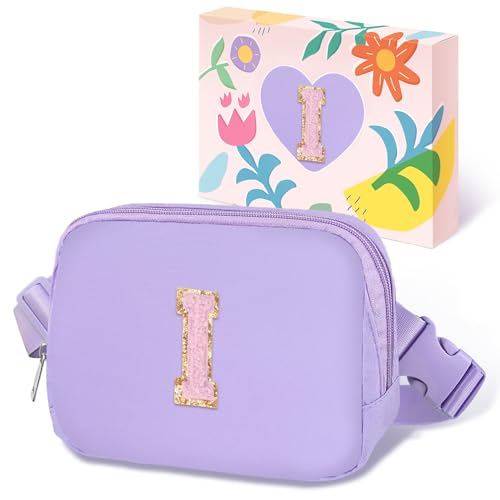COSHAYSOO Birthday Initial Gifts for Teen Girls 5 6 7 8 9 10 11 12 13 14 Year Old Purple Crossbody Shoulder Bag for Girls Travel Purse Unique Trendy Preppy Stuff Chenille Letter I