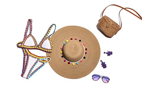 Womens Straw Sun Hat With Pom Pom Trim | Adjustable Foldable Packable Wide Brim | Uv Sun Protection For Vacation Pool Party Honeymoon Beach Summer (Beige) #TOP4