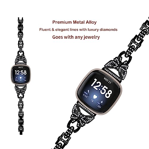Gimuk Straps Compatible with Fitbit Versa 4/Sense 2 Strap for Women Metal Stainless Steel Wristband Adjustable Bling Diamond Replacement Strap Band Bracelet for Fitbit Versa 3/Sense (Black) - Image 3