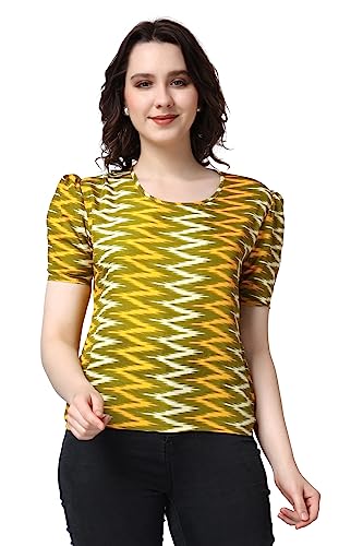 Image of POPWINGS Casual Printed Puff Sleeves Round Neck Top for Women || Stylish Summer Tops for Women || Hip-Length Women Top