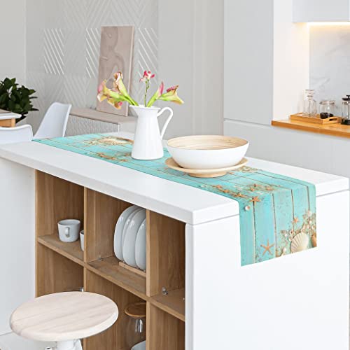 Starfish Seashell Beach Ocean Table Runner 72 Inches Long, Teal Turquoise Wooden Rustic Table Runner Kitchen Decor For Home Wedding Party And Dining Room, Dresser Scarf Table Decorations #TOP3