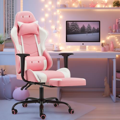 Image of ECOTOUGE PC Gaming Chair Massage Ergonomic Office Desk Chair Racing PU Leather Recliner Swivel Rocker with Headrest and Lumbar Pillow, Pink-White
