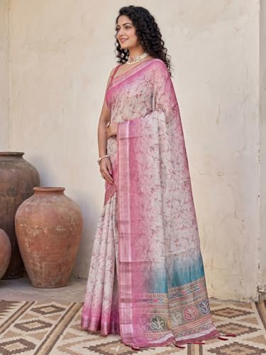 Image of AKHILAM Women's Grey Kanjivaram Soft Cotton Linen Silk Saree With Blouse Piece