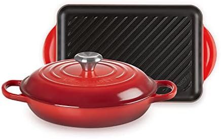 Le Creuset Cast Iron 2 piece set, comprises a Signature 26cm Shallow Casserole with a 32cm Rectangular Grill, Cerise
