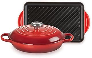 Le Creuset Cast Iron 2 piece set, comprises a Signature 26cm Shallow Casserole with a 32cm Rectangular Grill, Cerise